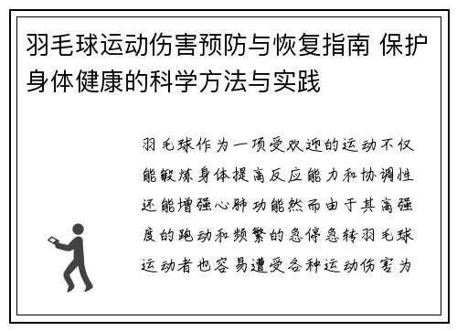羽毛球运动伤害预防与恢复指南 保护身体健康的科学方法与实践
